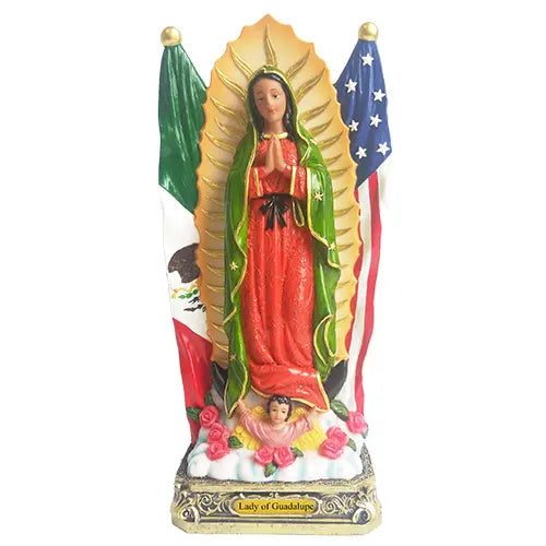 Virgen de Guadalupe con ;as banderas Mexicana y Americana 12"