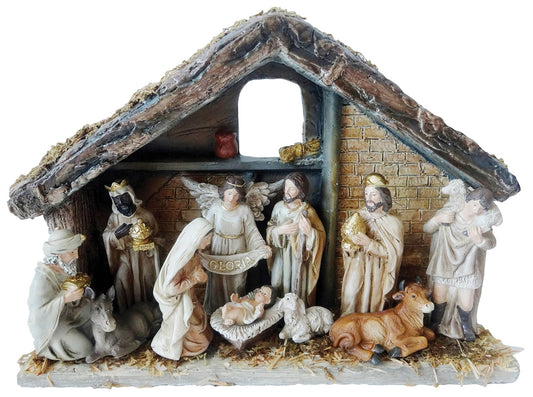 Nativity House Polyresin Christmas Gift Stable Set 12IN